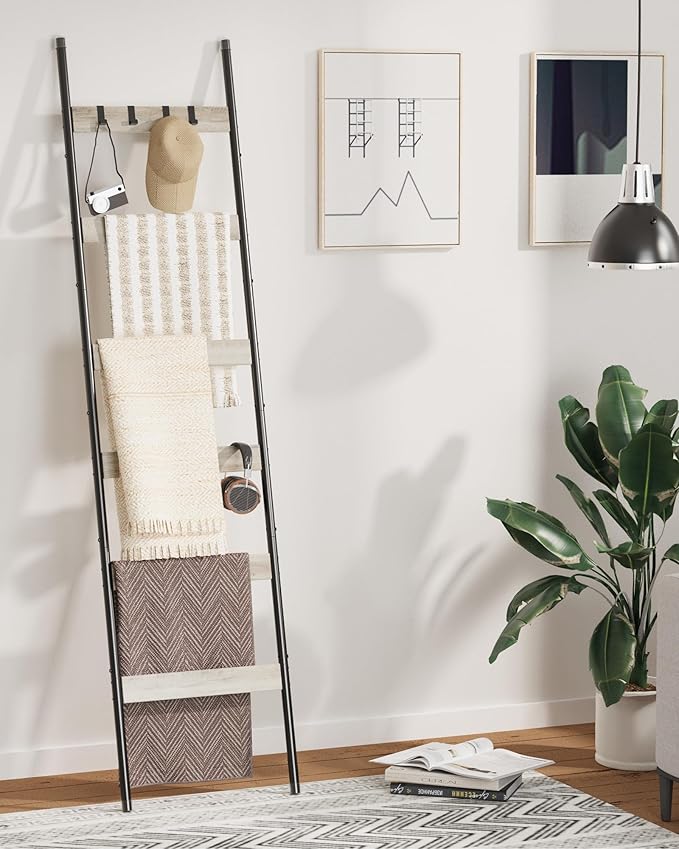 Blanket Ladder, 6-Tier Towel Holder with 4 Removable Hooks, Farmhouse Wall Leaning Decorative Rack Shelf, Wooden Towel Display Rack, Quilt Ladder for Living Room, Bedroom, Greige