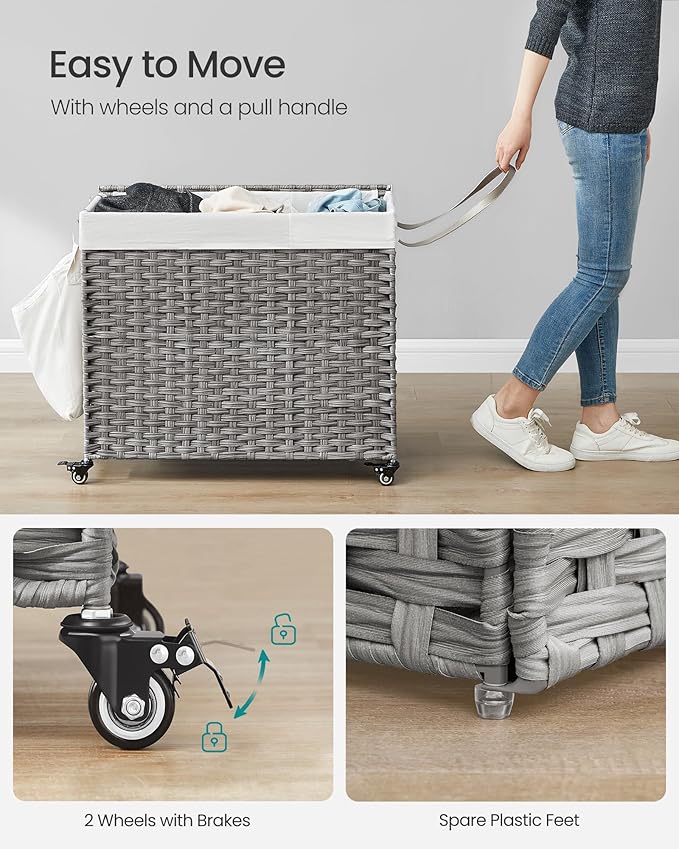 SONGMICS Laundry Hamper with Lid, 42.3 Gallons (160 L), Rolling Laundry Basket with Wheels, 3-Section Synthetic Rattan, Removable Liner, Bedroom, 29.9 x 13 x 26 Inches, Gray ULCB365G01