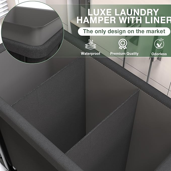 60 Gal(230L) High Grade Large Laundry Basket with Wheels, Rolling Laundry Hamper, Laundry Cart with Metal Frame and Removable Bag Design, Suitable for Laundry Room, Bedroom (Black, 3 Section 230L)