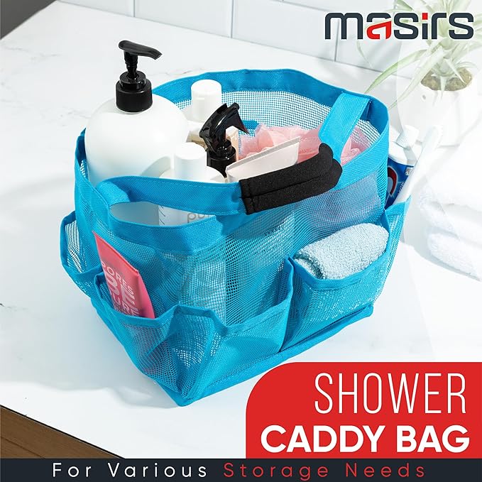 Masirs Shower Caddy Mesh - 9 Pocket Portable Bathroom Organizer Tote for Travel, Gym & Dorm - Collapsible Small Shower Caddy Bag to Hold Toiletries & Essentials (Blue)