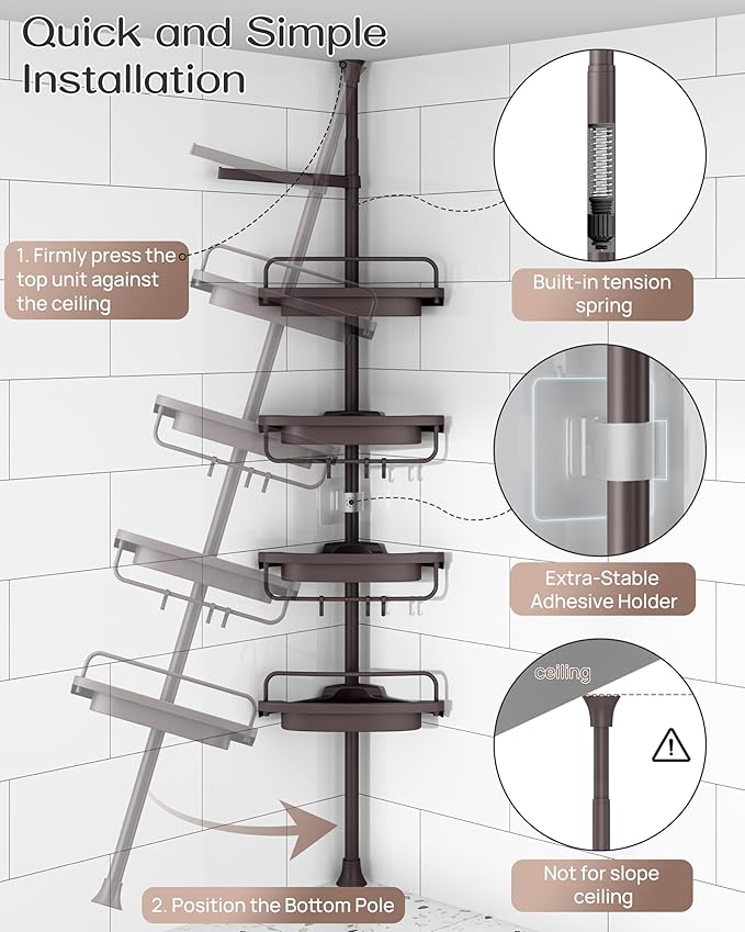 ALLZONE Rustproof Shower Caddy Corner for Bathroom, Bathtub Storage Organizer for Shampoo Accessories, 4-Tier Adjustable Shelves with Tension Pole, Fit Height 34 to 116 Inch, Brown