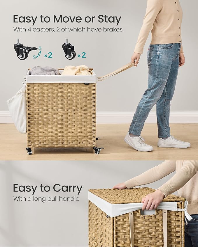 SONGMICS Laundry Hamper with Lid, 38.3 Gallons (145 L), Rolling Laundry Basket with Wheels, 2-Section Synthetic Rattan, Removable Liner, Bedroom, 21.7 x 15.7 x 26 Inches, Natural Color ULCB262Y01