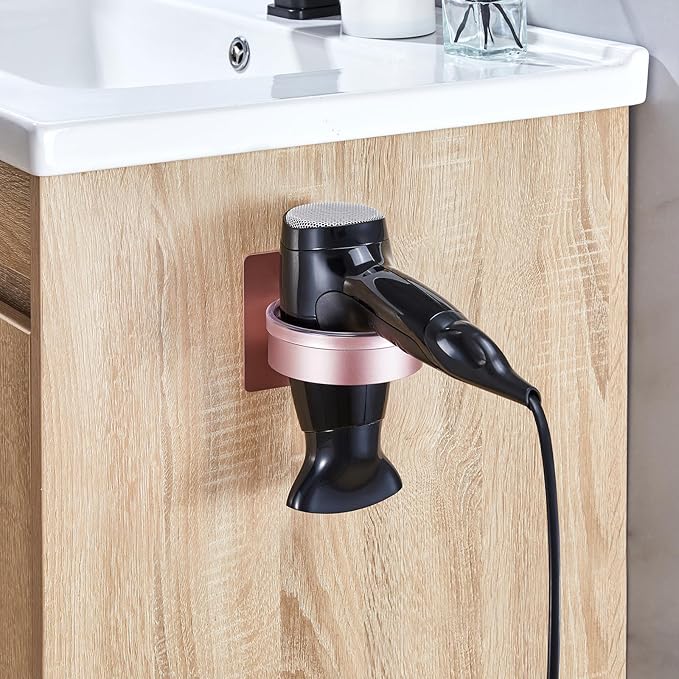 Hair Dryer Holder Wall Mounted, Blow Dryer Holder, Hair Tool Organizer for Hair Dryer Storage Hanger, Adhesive Hairdryer Holder for Bathroom Barber Shop (Rose Gold)