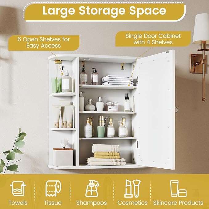 Tangkula Bathroom Medicine Cabinet with Mirror, Modern Wall Mounted Space-Saving Storage Organizer with Mirrored Door, 4 Internal Shelves & 6 Open Side Shelves, Bathroom Wall Cabinet (White)