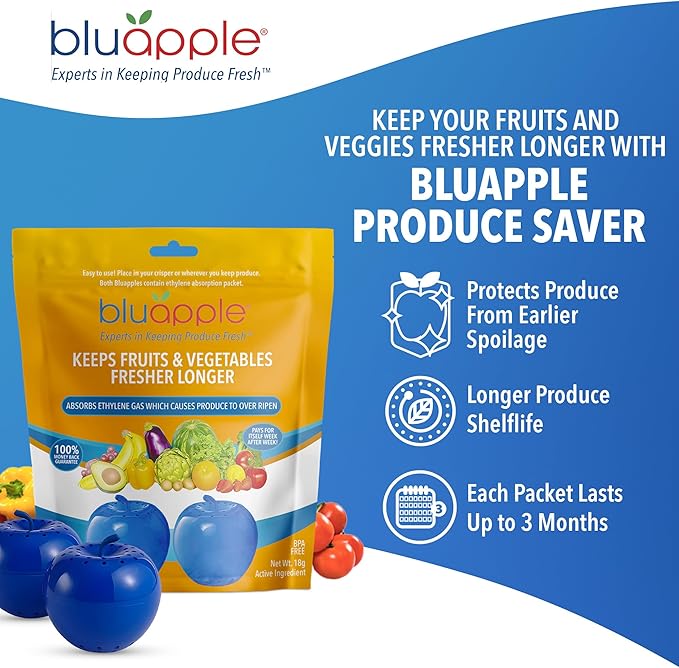 Bluapple Produce Saver Ethylene Gas Absorber - Fresh Fruit & Vegetable Storage for Refrigerator Crisper, Shelves & Fruit Bowls, Produce Keeper, Fruit Saver, Kitchen Must Haves, BPA-Free - 2-Pack