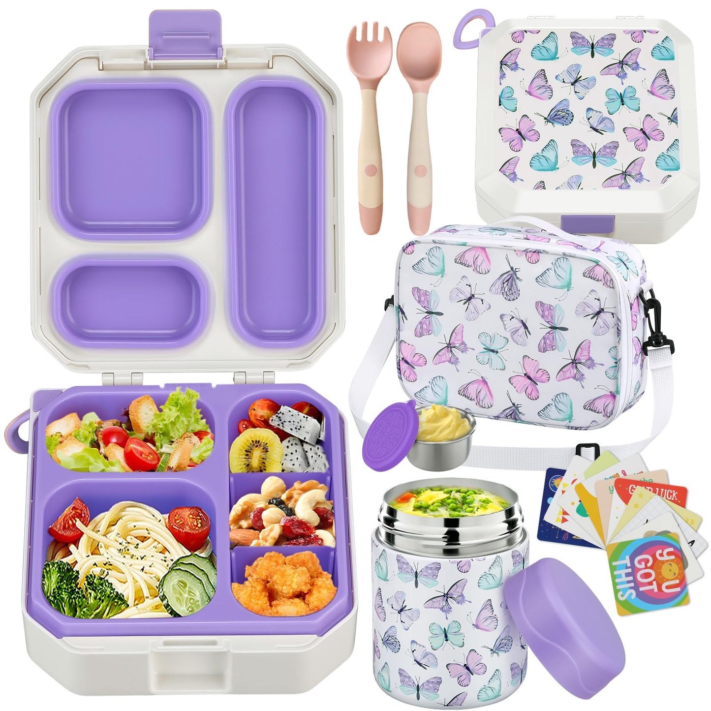wiwens Bento Lunch Box for Kids with 12oz Soup Thermo Leak-Proof Lunch Food Container with 5 Compartment Thermo Hot Food Jar and Insulated Lunch Bag for Kid Toddler Girls Boys to School