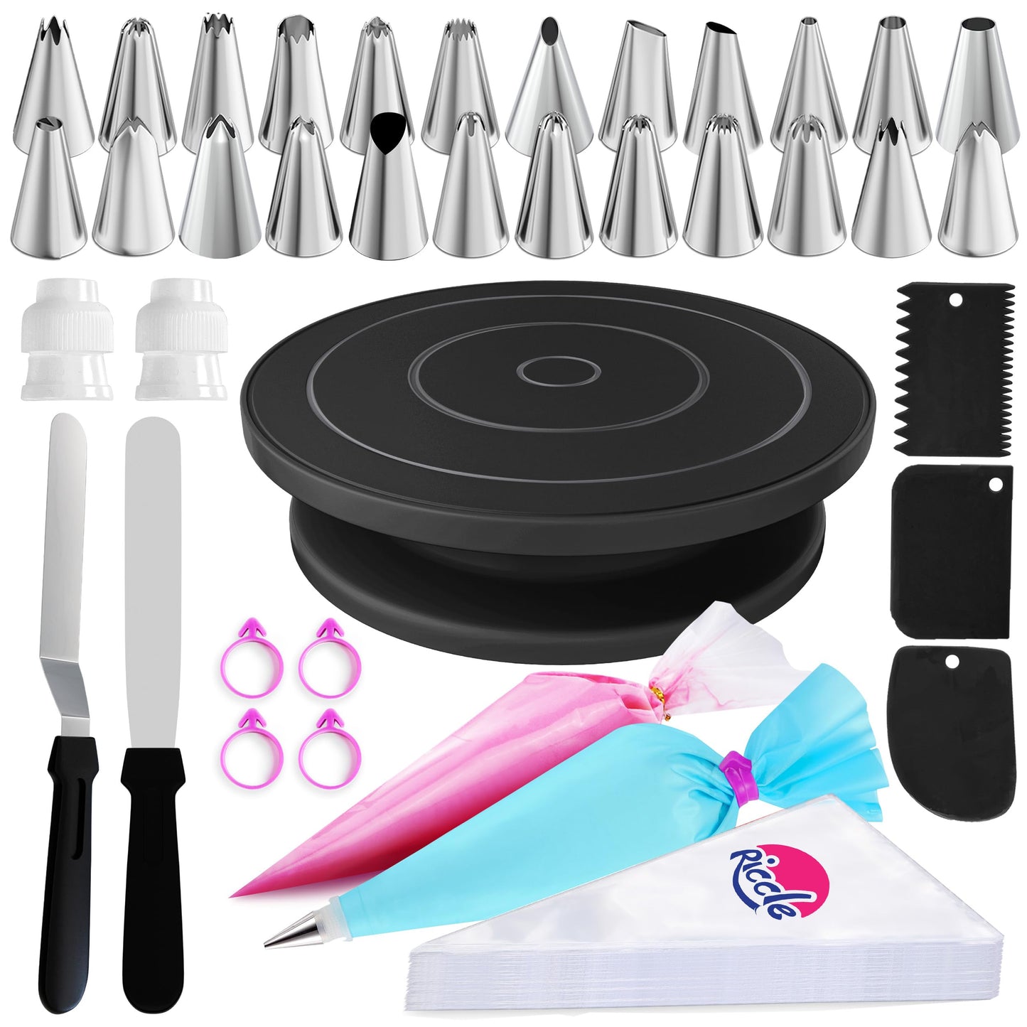 Riccle 88 pc Cake Decorating Kit & Cake Turntable -Piping Bags and Tips Set
