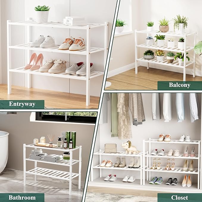 Smiry Shoe Rack, 2 Tier Small Bamboo Shoe Organizer, Stackable Free Standing Wooden Shoe Storage Shelf for Closet, Entryway, Front Door Entrance, White