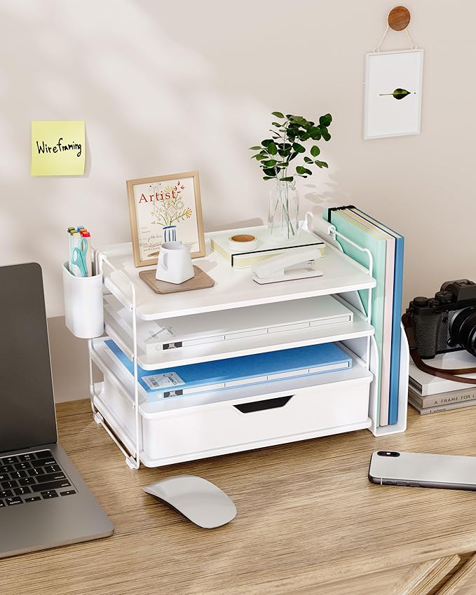 Kitsure Desk Organizer - 4-Tier Office Desk Accessories with Drawer ＆ Pen Holder, Tool-Free Assembly Organizer with Non-Slip Pads, for Office Supplies Storage, Plastic, 13.3" x 8.0" x 10.8", White