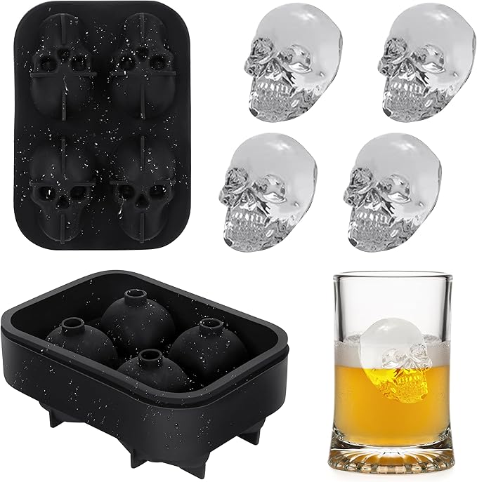 Attimal Ice Cube Tray Skull Shaped Silicone Ice Cube Molds Essential Bartender Accessory for Whiskey Cocktail Bourbon Lovers Eco Friendly Ice Cube Tray(2Pcs）