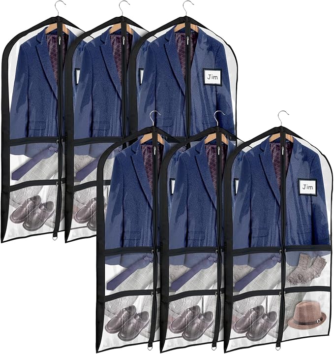 Univivi Clear Black PVC Dance Costume Bags Garment Bag 40 Inch for Dance Competitions, with 4 Medium Clear Zipper Pockets and 1 Large Back Zippered Pocket [Upgraded Version] (40'' x 24'' 6 Pack)