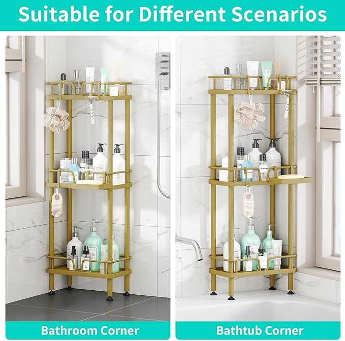 HapiRm Standing Corner Shower Caddy - 3 Tier Corner Shower Organizer with Soap Holder, Rustproof Stainless Steel Bathroom Shelf with 4 Hooks, Gold