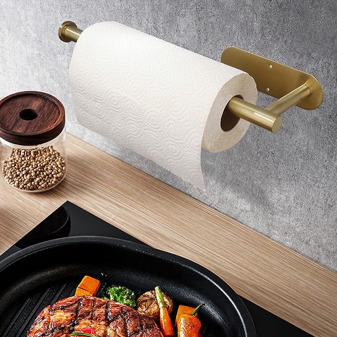 Paper Towels Rolls Holders- for Kitchen,Paper Towels Bulk- Self-Adhesive Under Cabinet,Both Available in Adhesive and Screws,Stainless Steel Paper Towel Holder(Gold)