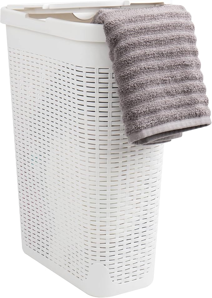 Mind Reader Slim Laundry Hamper with Lid, 40L Clothes Basket, Premium Wicker Design, Plastic, White