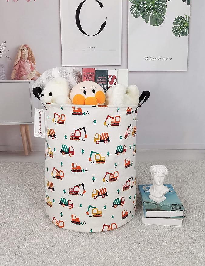 QUEENLALA Large Storage Basket,Laundry Hamper/Bathroom/Home Decor/Collapsible Round Storage Bin,Boys and Girls Hamper/Boxes/Clothing(Round-Excavator)