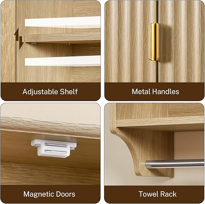 TEENFON Fluted Bathroom Wall Cabinet with Adjustable Shelves and Towel Rack, Wall Mounted Over The Toilet Storage Organizer for Bathroom, Living Room, Natural