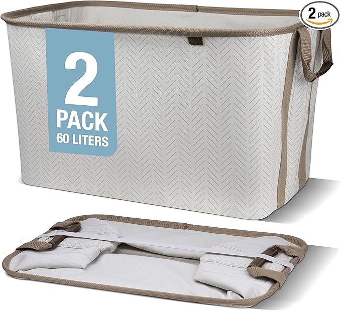 CleverMade Collapsible Laundry Basket LUXE 2 Pack – 60 L (16 Gal) Foldable Cotton Blend Clothes Hamper with Vegan Leather Accents, Reinforced Handles, Space Saving Laundry Bin Holds 55 lbs - Cream