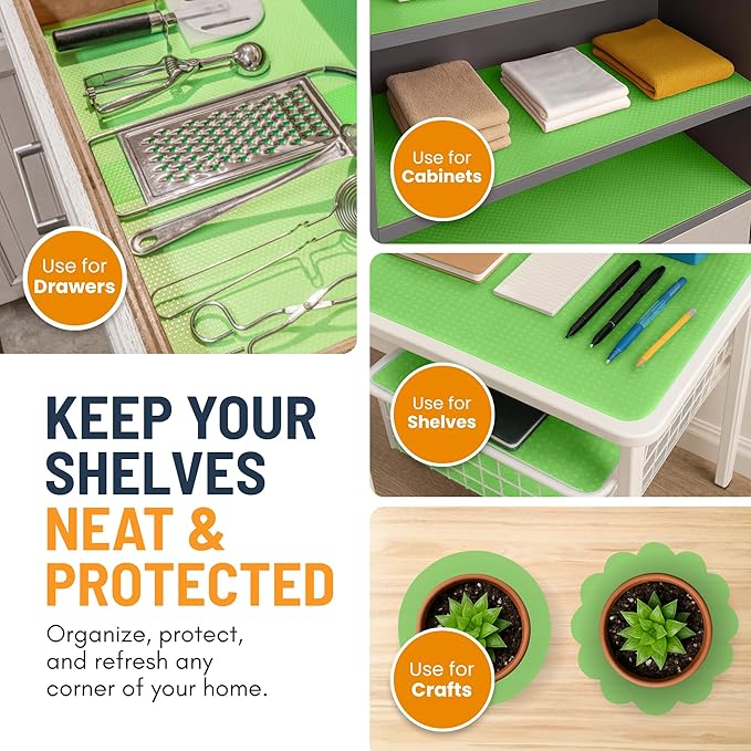 Refrigerator Liners for Shelves (8 Pack) by Linda’s Essentials - Non-Adhesive Shelf or Drawer Liner, BPA-Free Fridge Mats for Kitchen & Cabinets, Easy to Clean, Ideal Household Essentials (Green)