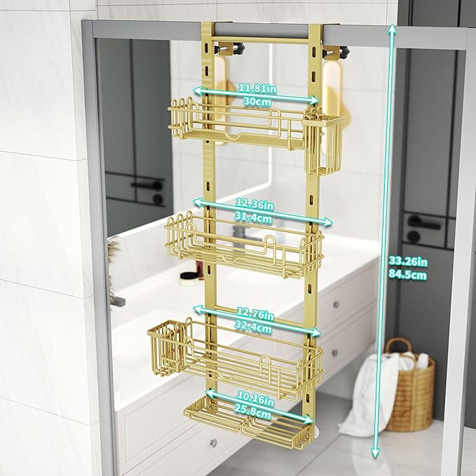 HapiRm Hanging Shower Caddy Organizer - Shower Shelf with 22 Hooks and 2 Toothbrush Holders, No Drilling Adjustable Hanging Bathroom Organizer - Gold
