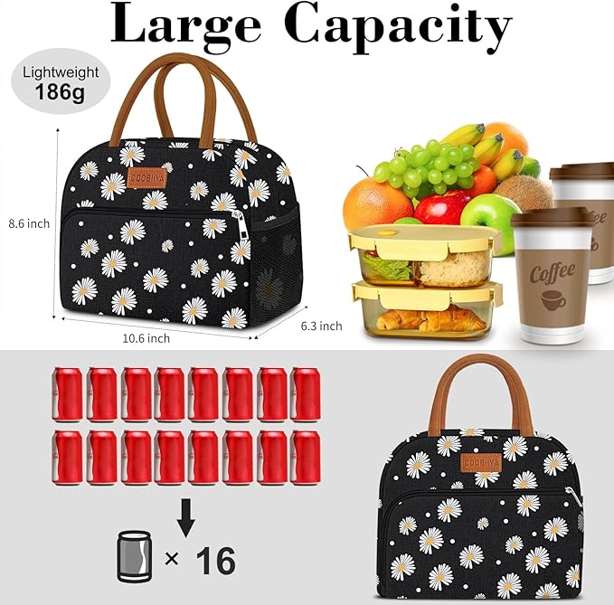 Coobiiya Lunch Bag Lunch Box for Women Men, Reusable Cute Lunchbag - Leakproof, Adult Insulated Lunch Box Tote with Large Capacity, Cooler Container for Work, Travel, Office (Black Daisy)