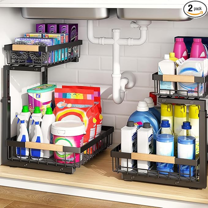 PXRACK Under Sink Organizer, Adjustable Height, 2-Pack 2 Tier Pull Out Under Cabinet Organizer, Slide Out Thickened Metal Under Sink Storage for Kitchen Bathroom Laundry Pantry Cabinet, L, Black