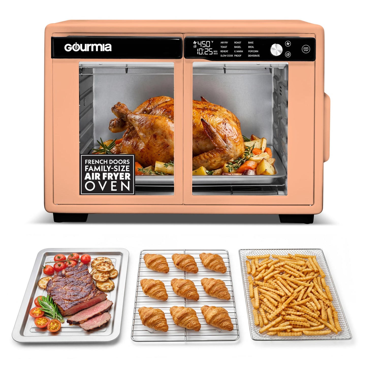 Gourmia French Door Air Fryer Oven - 37 Qt Large Capacity Convection Toaster Oven, FryForce 360°, Digital Display, 12 Cooking Presets, Dehydrate, Fits 13” Pizza, Dishwasher-Safe, Peach