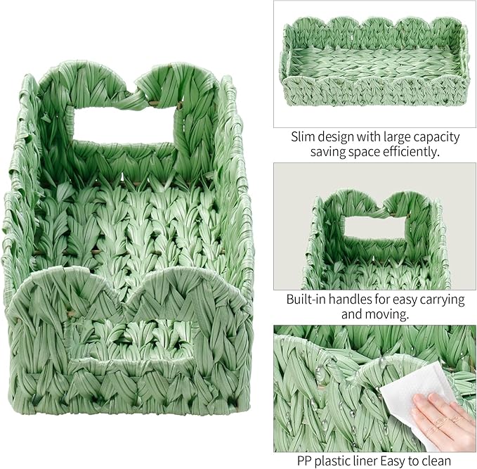 Green Toilet Basket,2 Pack Scalloped Wicker Basket for Shelves,Both Storage and Decor,Small Toilet Paper Baskets for Tank Topper,Countertop,Rectangle