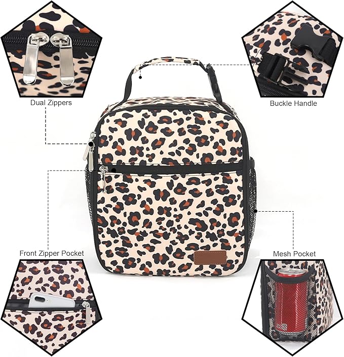 Femuar Lunch Box for Men Women Adults Small Lunch Bag for Office Work Picnic - Reusable Portable Lunchbox, Leopard