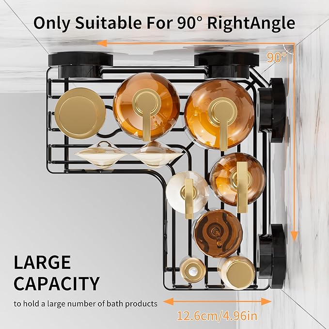 KEGII Corner Shower Caddy Suction Cup, Corner Shower Shelves with Soap Holder, No Drilling Suction Cup Bathroom Organizer with Hooks, Removable Bathroom Storage Rack, 3 Pack - Black