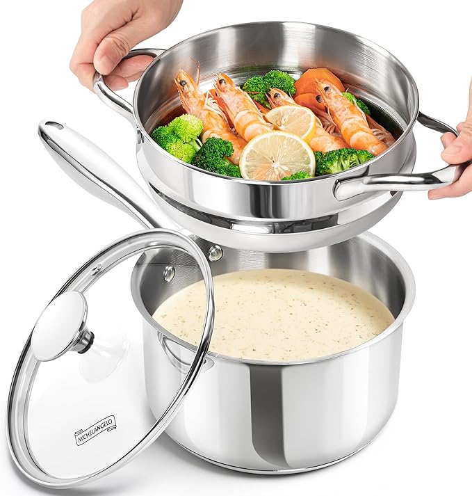 MICHELANGELO Stainless Steel Sauce Pan Set - 1, 2, 3 Qt Saucepans with Lids, Small Stainless Steel Pots for Cooking, Induction Compatible, Dishwasher & Oven Safe