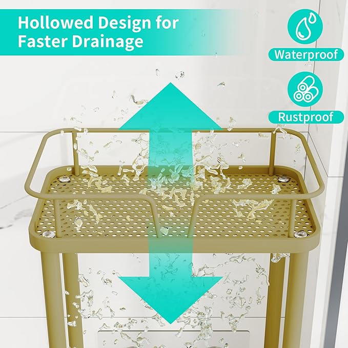 HapiRm Standing Corner Shower Caddy - 3 Tier Corner Shower Organizer with Soap Holder, Rustproof Stainless Steel Bathroom Shelf with 4 Hooks, Gold