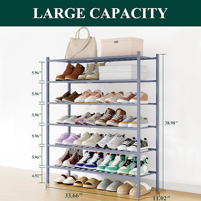 Smiry Shoe Rack, 6 Tier Long Bamboo Shoe Organizer, Stackable Free Standing Wooden Shoe Storage Shelf for Closet, Entryway, Front Door Entrance, Grey