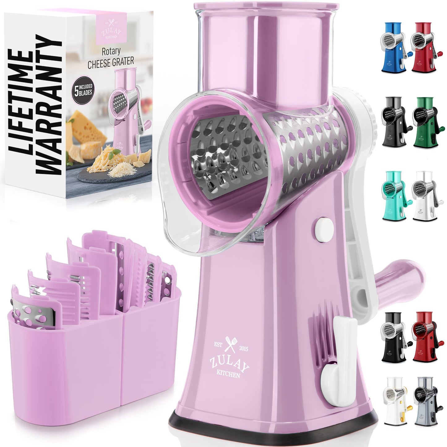 Zulay Kitchen Rotary Cheese Grater 5 Blade Cheese Shredder - Manual Hand Crank Cheese Grater With Reinforced Suction & 5 Interchangeable Drums - Easy to Use, Vegetable Chopper Round Mandoline Slicer