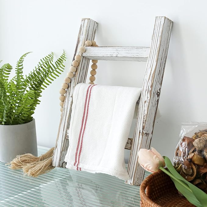 FUIN Wooden Tea Towel Ladder, Mini Ladder Towel Rack Display Hanger, Small Rustic Farmhouse Tea Towel Stand Holder for Country Bathroom Decor, White