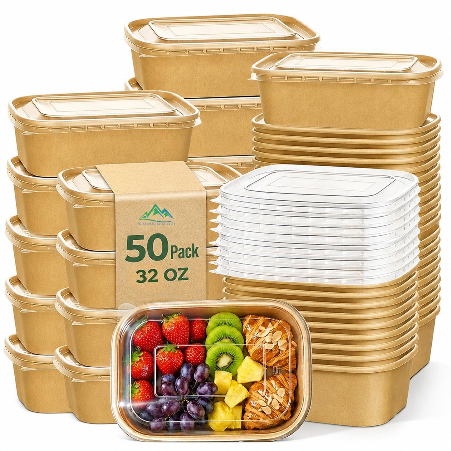 Kaderron 50 Pack 32 OZ Large Paper Bowls with Lids, Heavy Duty Disposable Compostable Container for Party, Disposable Bowls Bulk Soak-Proof and Microwave Safe for Hot/Cold Use(32OZ-50PACK)