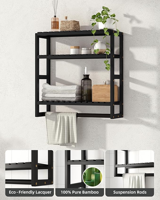 Bathroom Shelves Towel Racks Over Toilet Storage with Towel Bar 3 Tier Floating Wall Mounted Space Saving Bamboo Paper Holder for Bathroom Laundry Room Kitchen Organizers (Black)