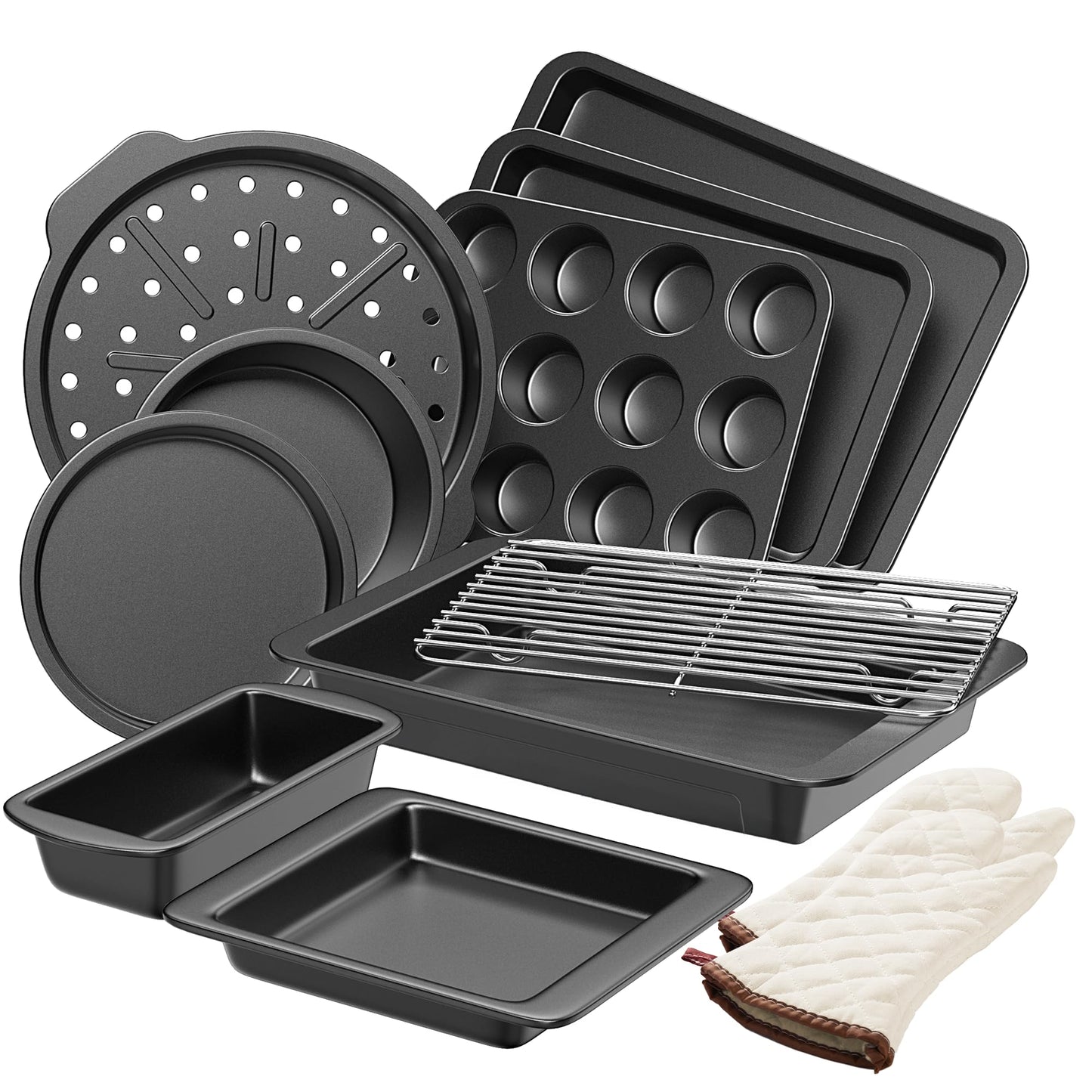 HONGBAKE Bakeware Sets, Baking Pans Set, 12 Pieces Nonstick Oven Pan with 120 Muffin Liners for Kitchen, Wider Grips, Including Rack, Cookie Sheet, Cake, Loaf, Muffin, Pizza Pan - Champagne Gold