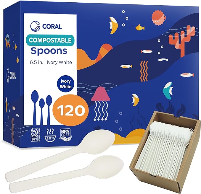 CORAL Light Brown 100% Compostable Spoons - 120 Heavy Duty No Plastic Spoons (6.5 inch) - Break Resistant with Smooth Edges, Ocean Friendly Alternative to Plastic Utensils - Biodegradable & Disposable