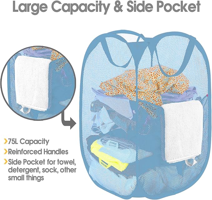 BATTOO Deluxe Strong Mesh Pop up Laundry Hamper Basket with Side Pocket Foldable Hamper for Laundry Room, Bathroom, Kids Room, College Dorm or Travel Light Blue