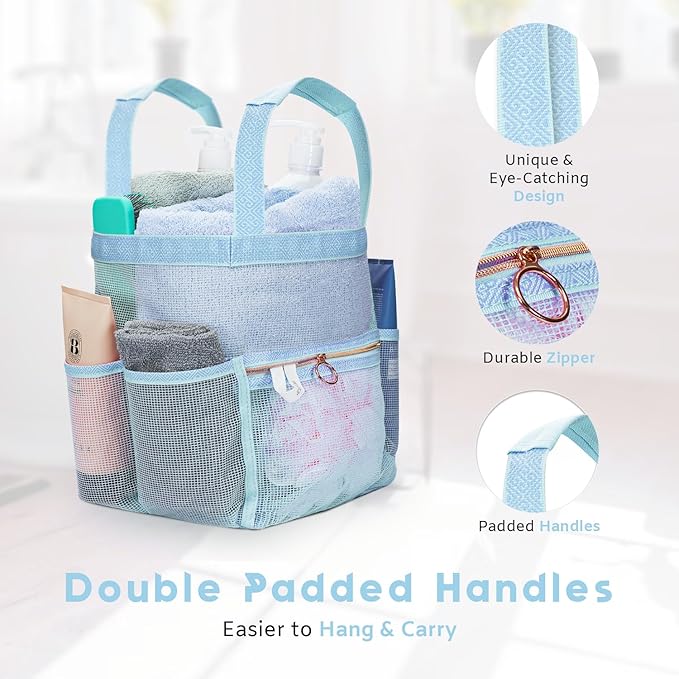 Mesh Shower Caddy Dorm, 7 Pockets & 1 with Zipper, Shower Tote with Padded Handles, Travel Portable, Shower Caddy College Room Essentials, Bathroom Shower Bag (Blue)