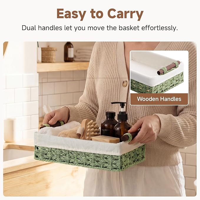StorageWorks Small Baskets for Organizing with Handles and Liner, Wicker Toilet Paper Basket for Back of Toilet, Green Paper Rope Bathroom Basket Organizer and Storage for Sage Green Decor, 2 Pack