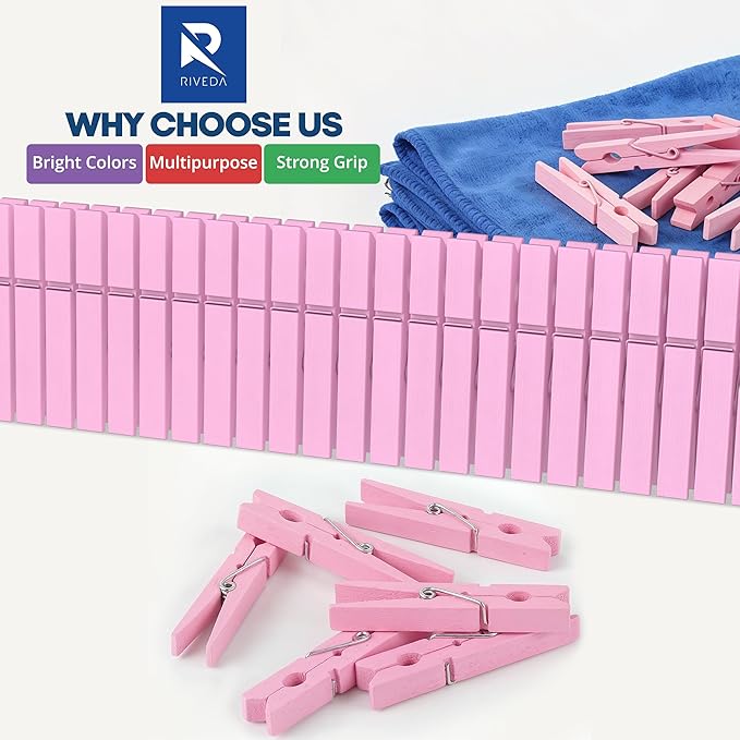 50 Pack Colored Clothes Pins Wooden for Crafts, 2-7/8" Inch Clothespins, Home & Classroom Must Haves, Decor & Crafts, Hanging Pictures, Light Pink