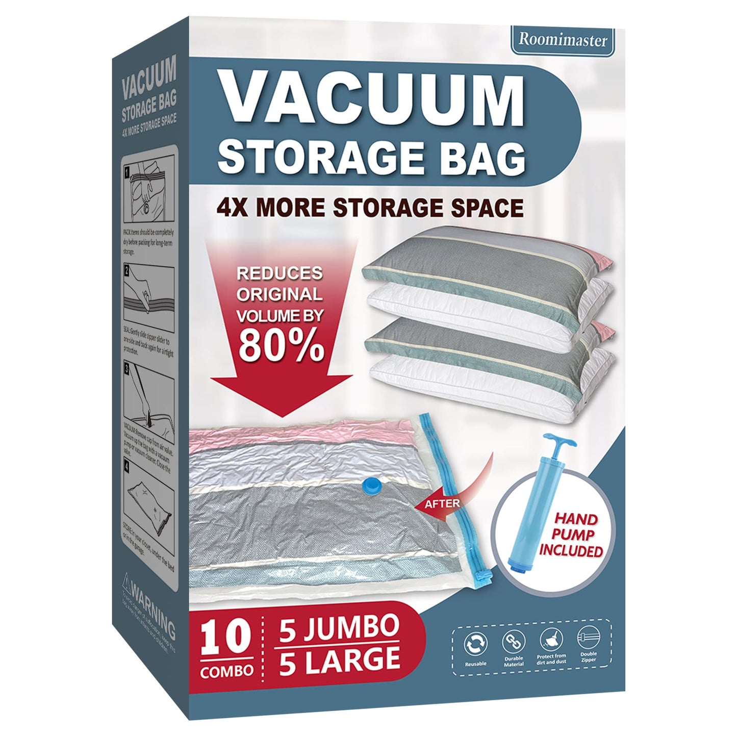 Roomimaster Vacuum Storage Bags, Vacuum Seal Space Saver Bags for Clothing, Travel Lugggage, Carry-on, Blankets, Comforters, Pillow, Bedding, 10 Medium