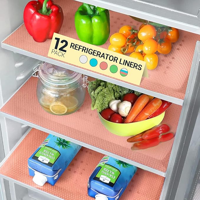 Refrigerator Liners for Shelves (12 Pack) by Linda’s Essentials - Non-Adhesive Shelf or Drawer Liner, BPA-Free Fridge Mats for Kitchen & Cabinets, Easy to Clean, Ideal Household Essentials (Pink)