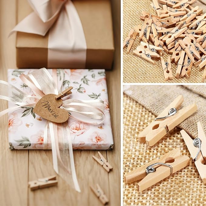 Sturdy Mini Clothes Pins for Photo, 150 Pcs 1 Inch Natural Wooden Clothespins with 33 FT Jute Twine, Small Clips for Crafts Display, Baby Shower Game, Hanging Decorative Pictures, Cocktail, Weddings