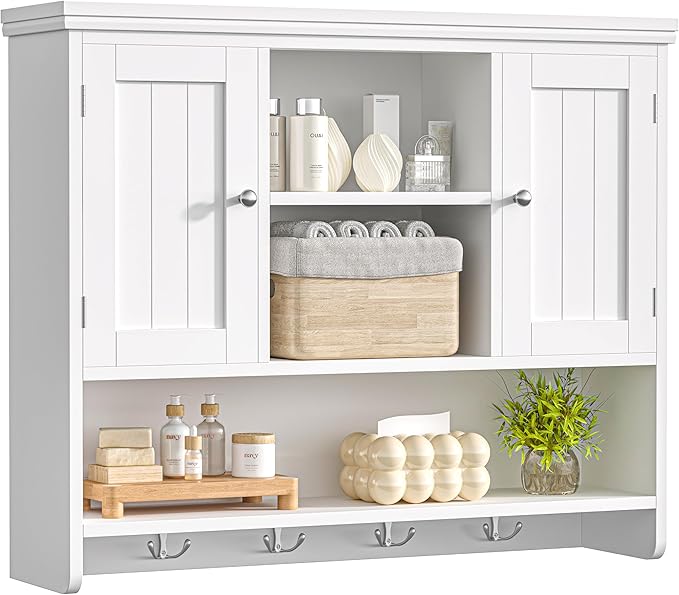 31.5" W Large Bathroom Wall Storage Cabinet with 2 Doors and 4 Hooks, Modern Medicine Cabinet with 3 Open Shelves, Wooden Wall Mounted Bathroom Cabinet for Kitchen, Living Room, White