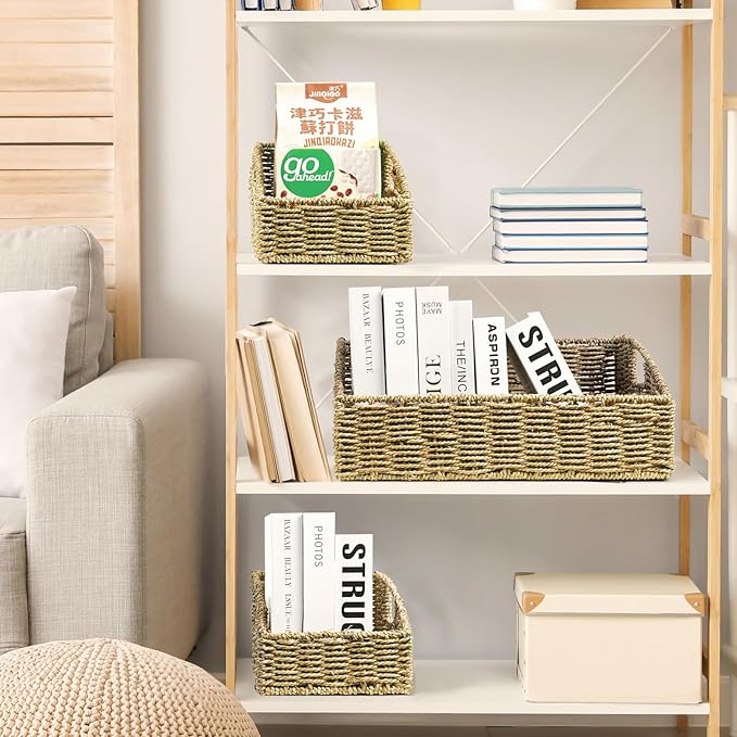 Ollieroo Rattan Storage Baskets, Handwoven Wicker Storage Bins with Built-in Handles, Storage Container Baskets for Shelves, Bedroom, Bathroom, Laundry Room or Kitchen(Green)