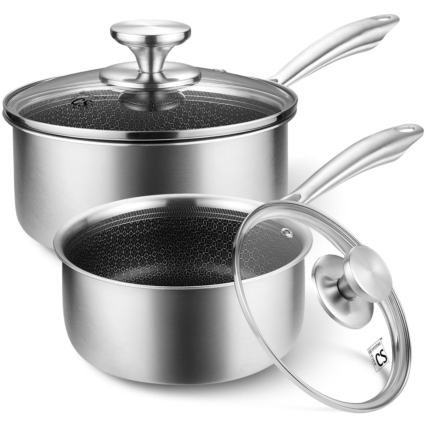 KOCH SYSTEME CS Hybrid Nonstick Stainless Steel Sauce Pan 3QT, Tri-ply Stainless Steel Pot with Honeycomb Interior, Hybrid Sauce Pan with Lid, 18/10 Steel Pot, Induction Compatible