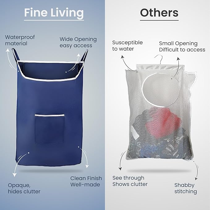 Fine Living Large Hanging Laundry Hamper with Over Door Hooks & Adhesive, Durable Space Saving Laundry Bag with Zipper and Wide Open Top, Hanging Dorm Laundry Hamper 18"x4.75"x28" (Navy Blue-L)