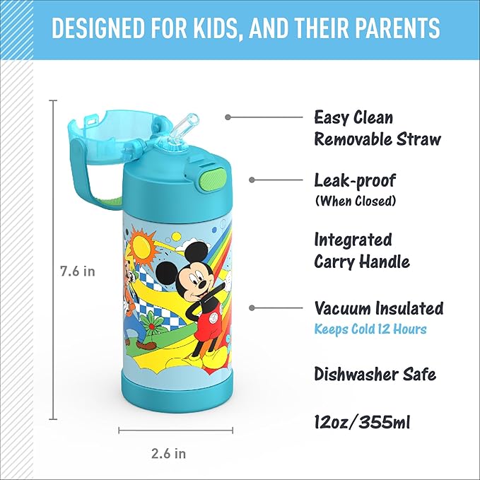 THERMOS FUNTAINER Water Bottle with Straw - 12 Ounce - Kids Stainless Steel Vacuum Insulated Water Bottle with Lid, Mickey Mouse